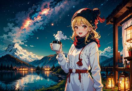 15459-2218902719-1girl, solo, night, sky, telescope, star (sky), hat, sweater, outdoors, open mouth, smile, starry sky, looking at viewer, cup, p.png